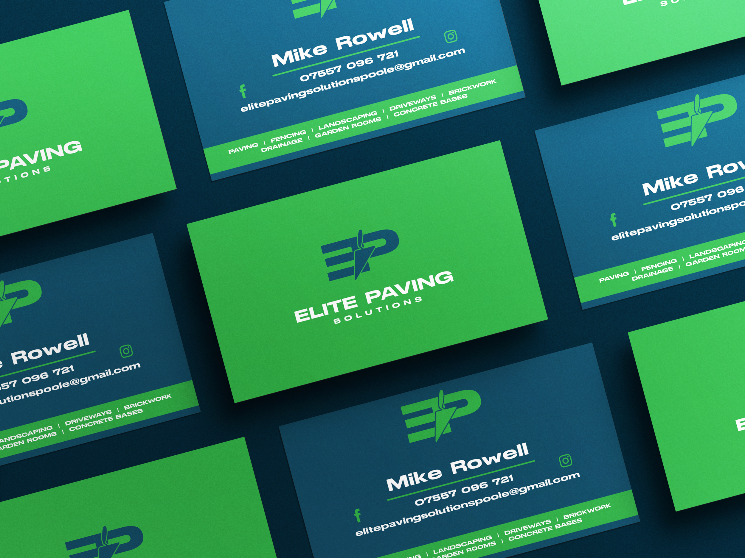 Business cards for Elite Paving Solutions featuring blue and green backgrounds, including contact information for Mike Rowell, with services listed such as paving, fencing, driveways, brickwork, drainage, garden rooms, and concrete bases, alongside a