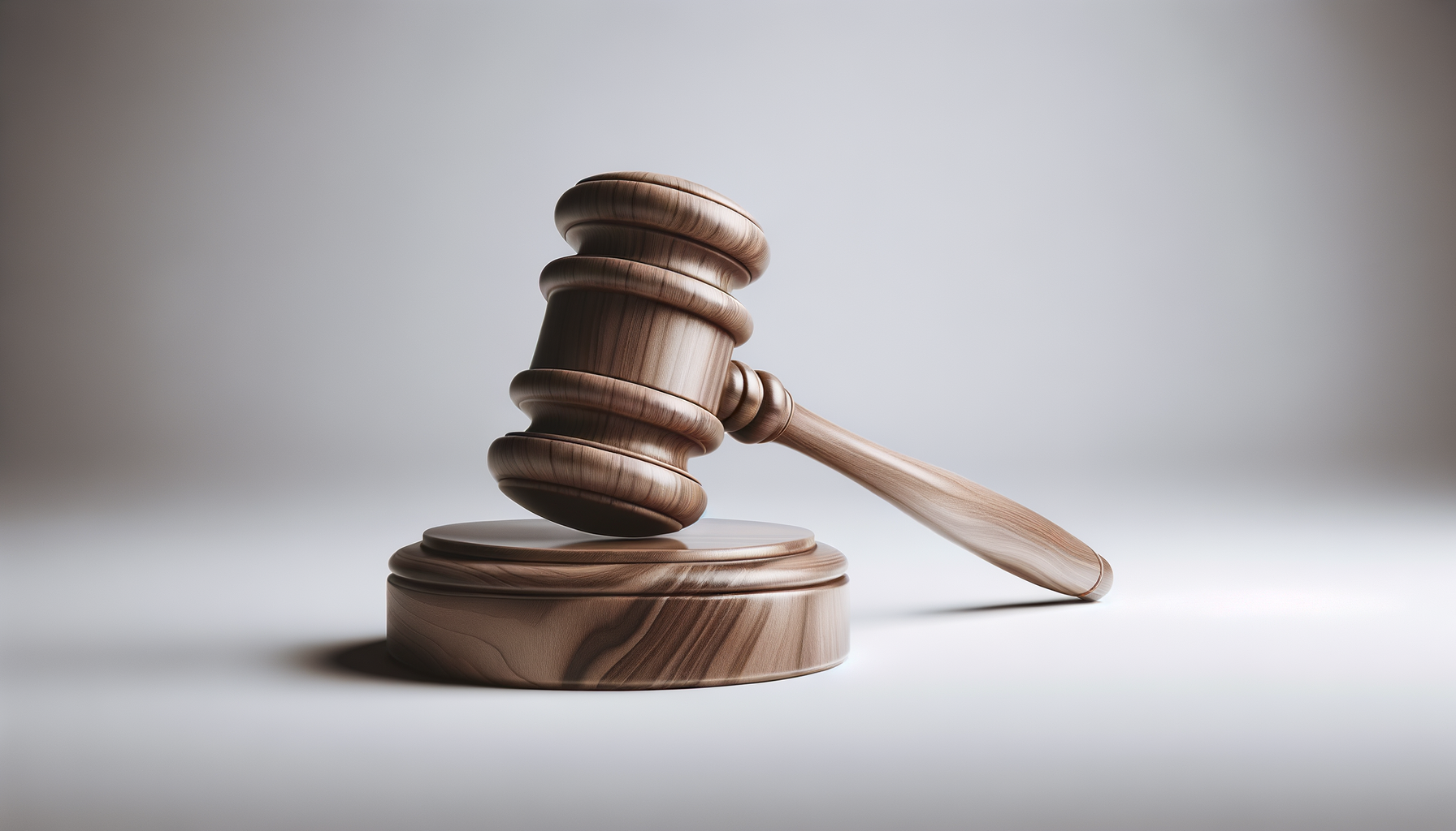 A wooden judge's gavel resting on its sound block, with the gavel leaning against it, on a plain background.