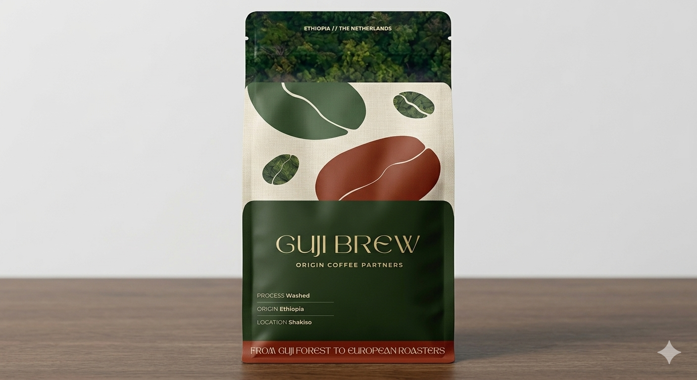 Coffee bag labeled 'Guji Brew' with illustrations of coffee beans and leaves, indicating origin from Ethiopia.