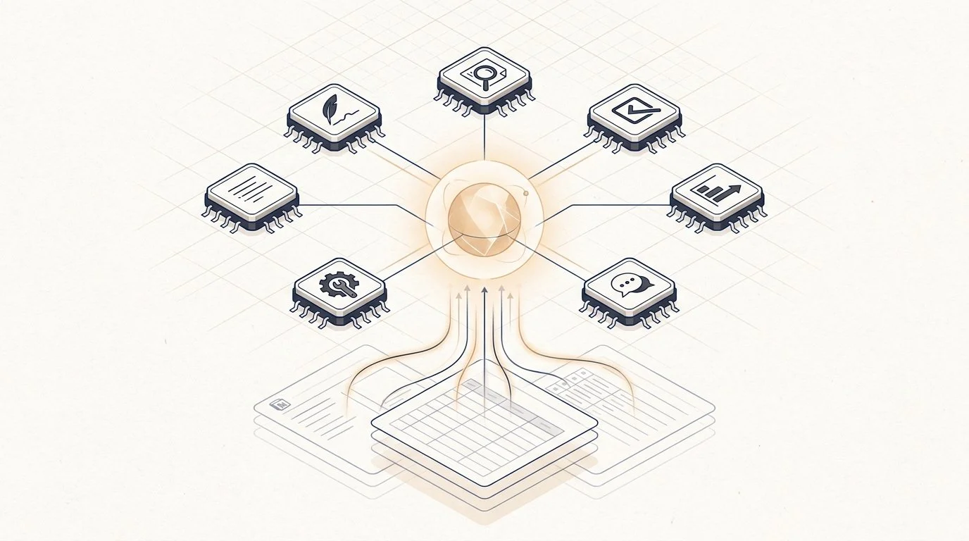 Digital illustration showing a central sphere connected to multiple microchips with icons representing data, charts, gears, chat, and multimedia, indicating a data network or integration system.