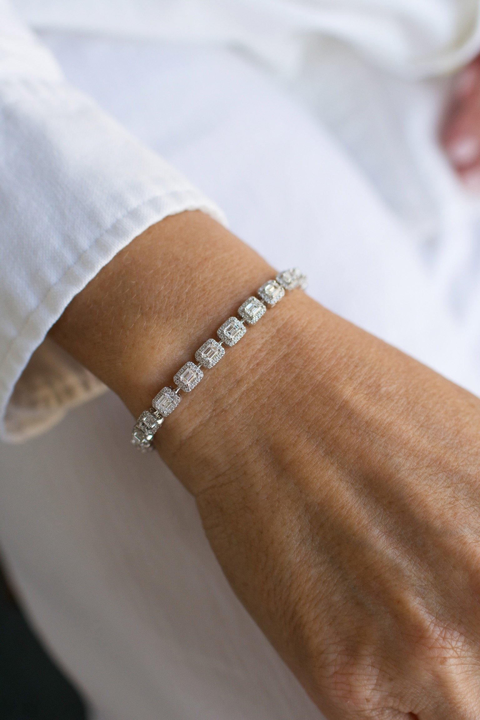 Emerald Cut & Diamond Halo Link Bracelet