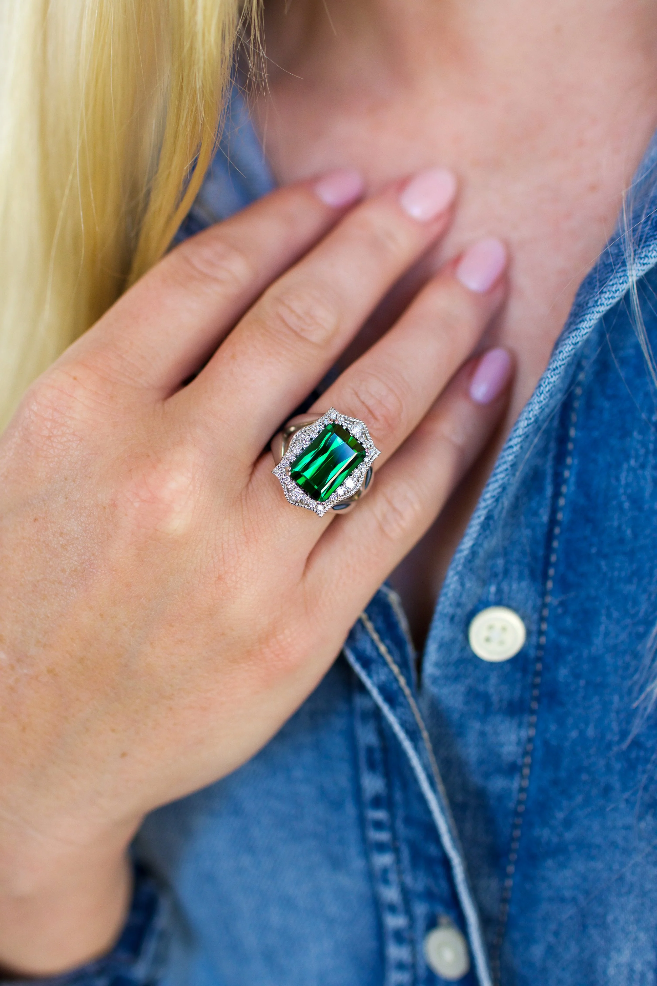 Green Tourmaline & Diamond Halo Ring