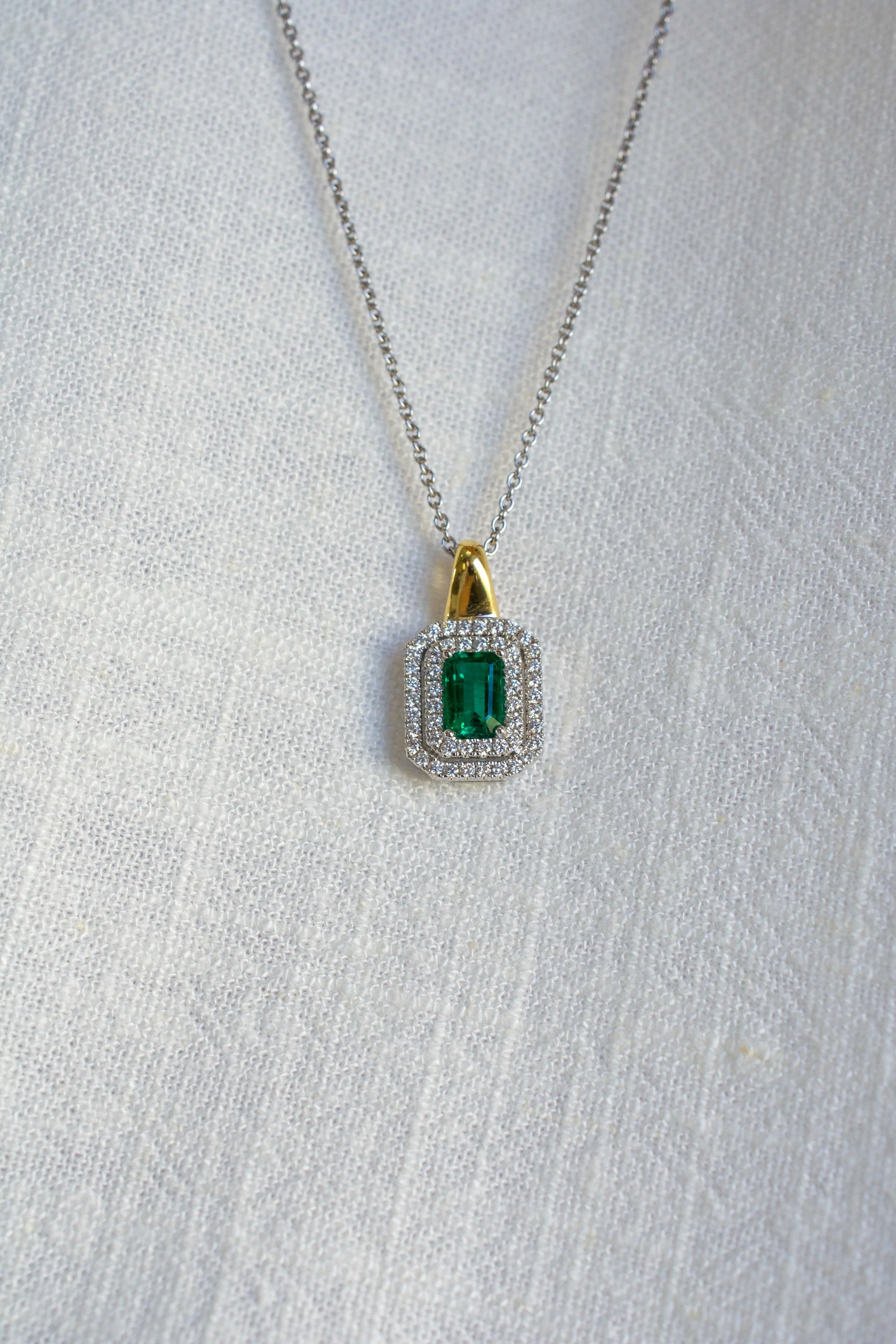 Emerald & Diamond Halo Pendant Necklace