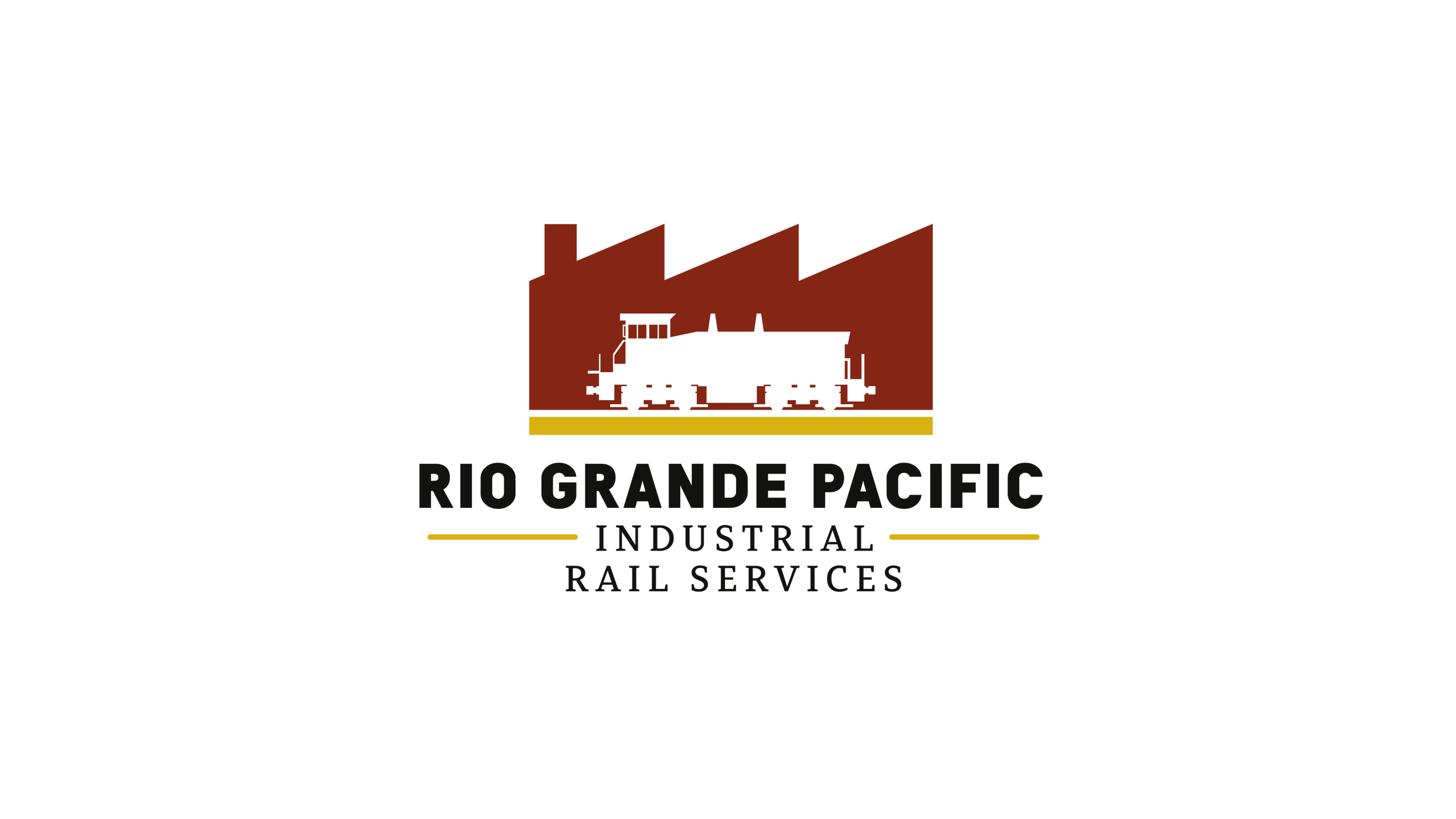 Logo of Rio Grande Pacific Industrial Rail Services featuring a brown industrial building with a white train silhouette underneath and black text.