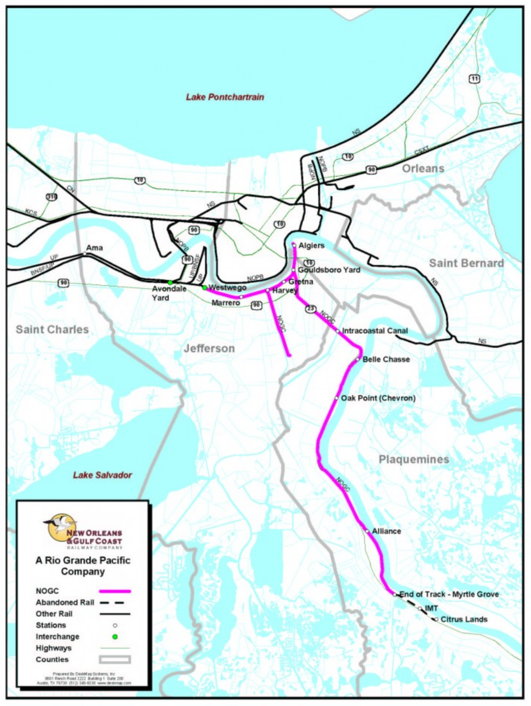 New Orleans and Gulf Coast Rail Map Enlarged