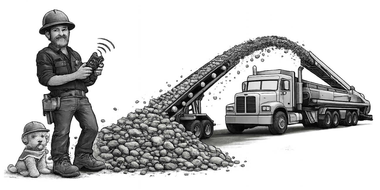 Digital illustration of Drew, telebelt truck operator and his dog, slinger. Drew is demonstrating using remote ground control to place gravel.