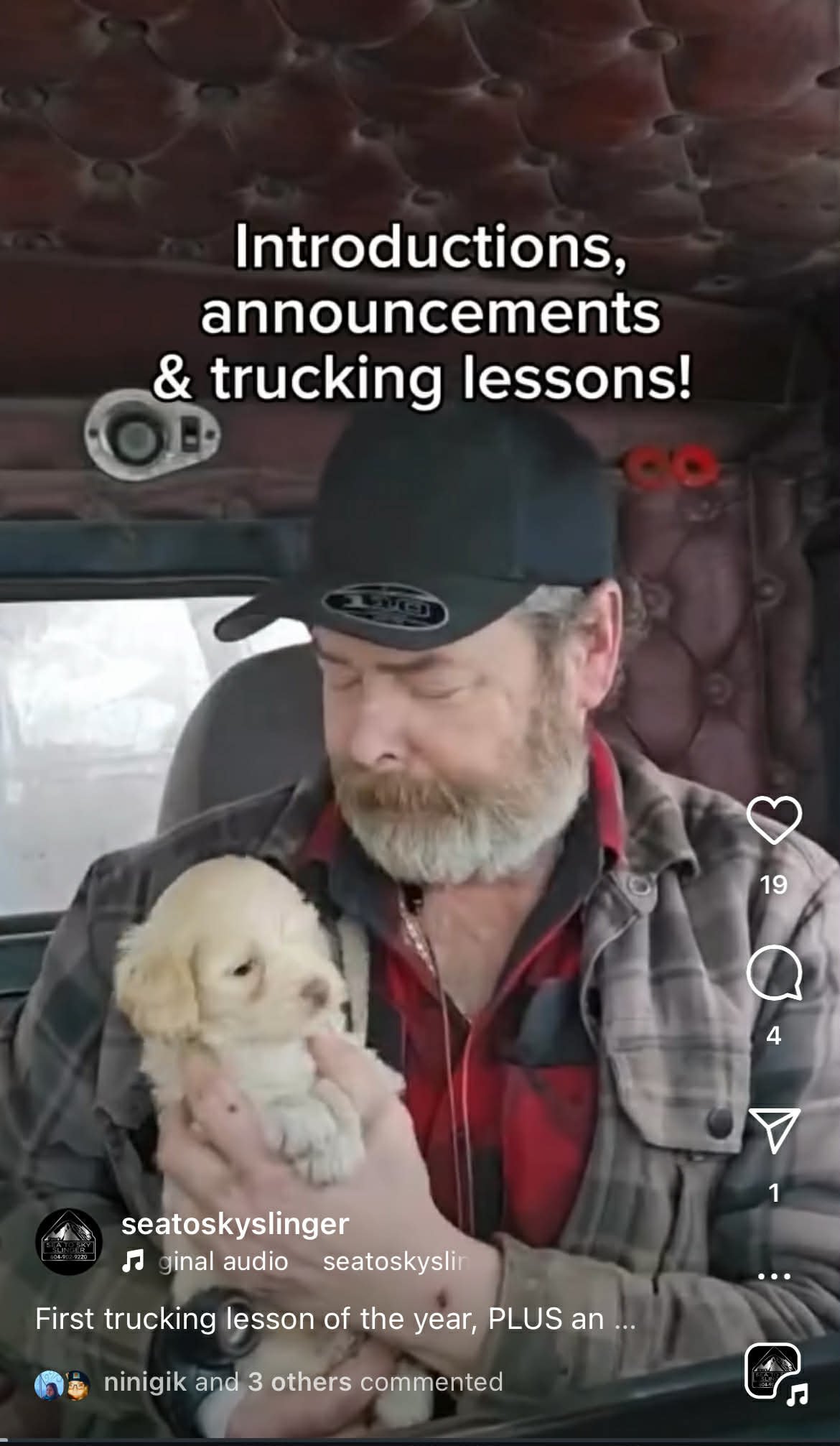 Drew holding his puppy slinger inside a truck cab, with text overlay that reads 'Introductions, announcements & trucking lessons!' A snippet from a Drew's informative instagram videos.