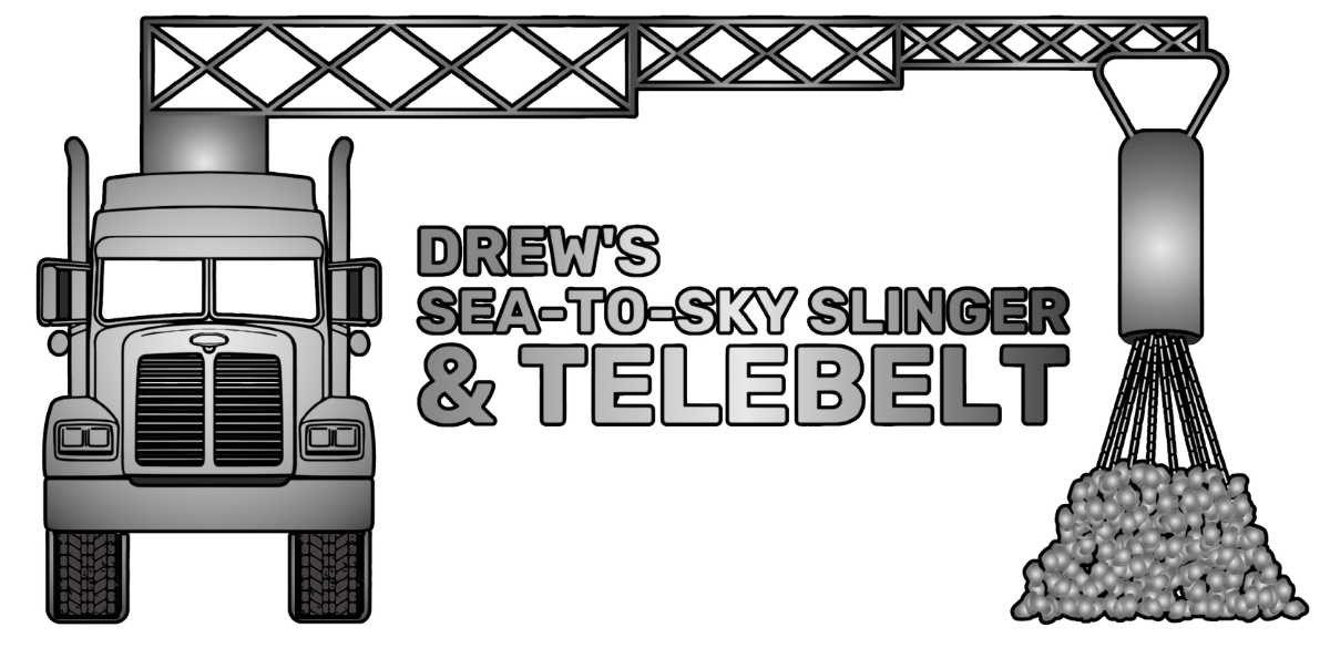 Logo, black and white illustration of a truck with a conveyor arm extending above, with the text 'Drew's Sea-to-Sky Slinger & Telebelt' in the center, and a large silo on the right with a pile of rocks or gravel being dropped from it.