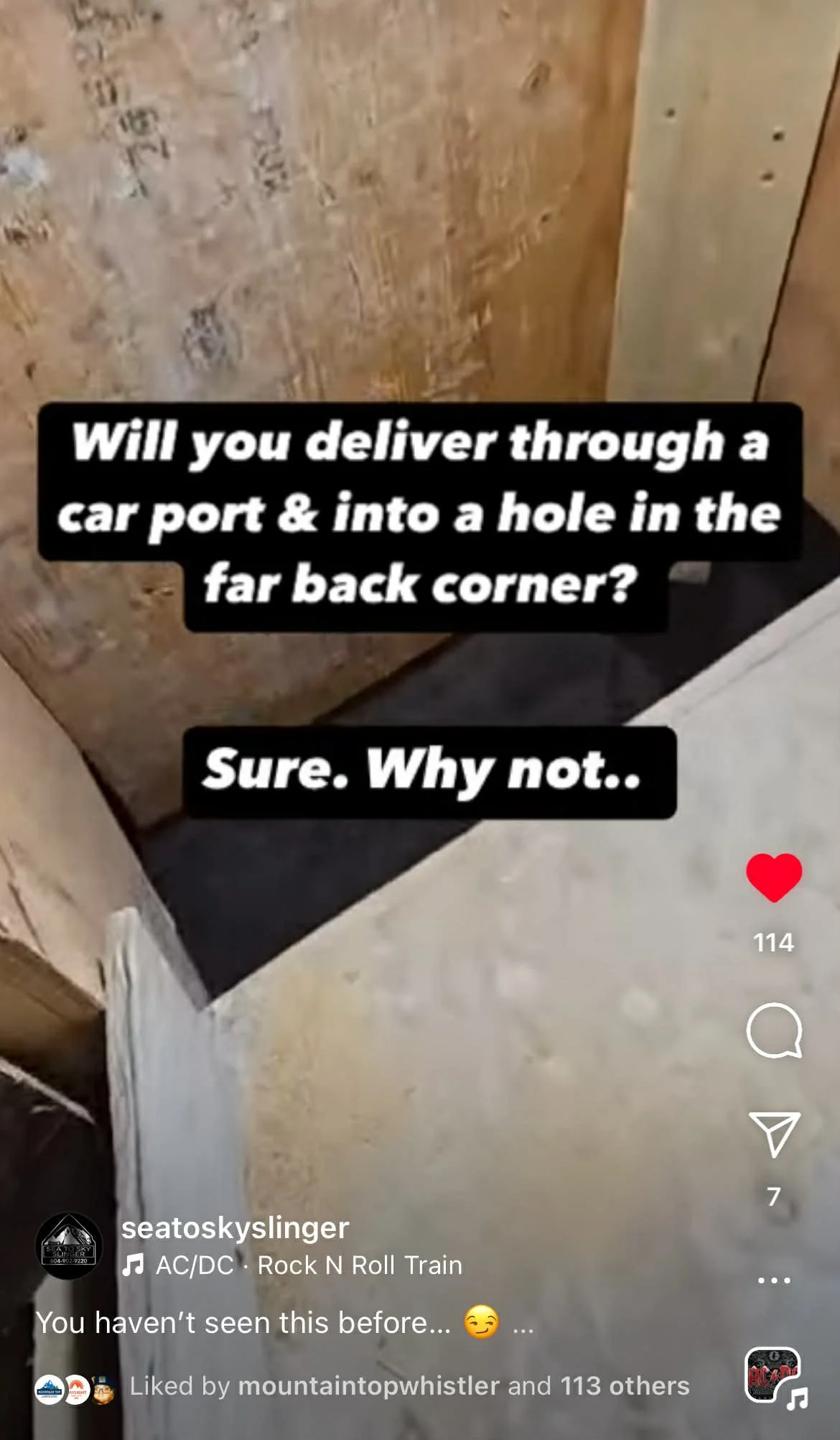 Text overlay explains project involved gravel delivery into a tight access hole in the back corner of a car port.