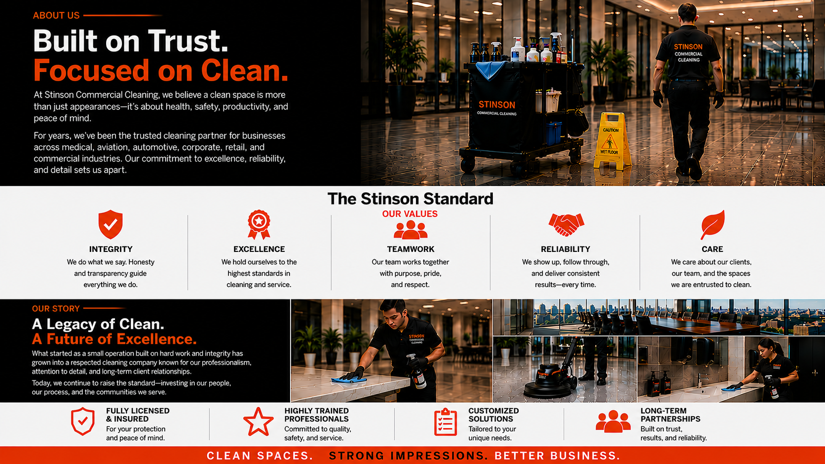A promotional infographic for Stinson Commercial Cleaning, emphasizing trust and focus on cleanliness. The top features a photo of a cleaner with a cleaning cart in a modern, glossy lobby with floor signs. The middle section displays the company's values with icons and descriptions for integrity, excellence, teamwork, reliability, and care. The lower part highlights the company's story, emphasizing their growth, professionalism, and community focus, accompanied by images of employees cleaning and equipment in a bright, contemporary office space.
