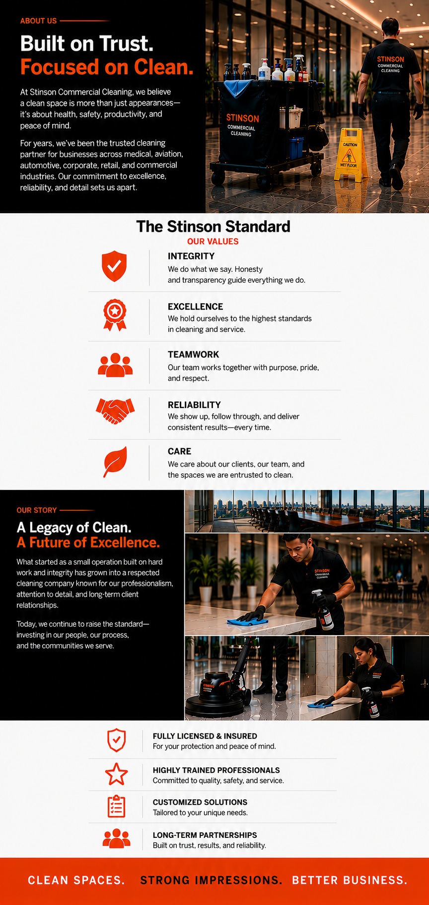 An informational flyer for Stinson Commercial Cleaning features a team member in uniform and cleaning equipment inside a modern building and a city view. It emphasizes company values of integrity, excellence, teamwork, reliability, and care, highlighting their professional, insured, and customized cleaning services.