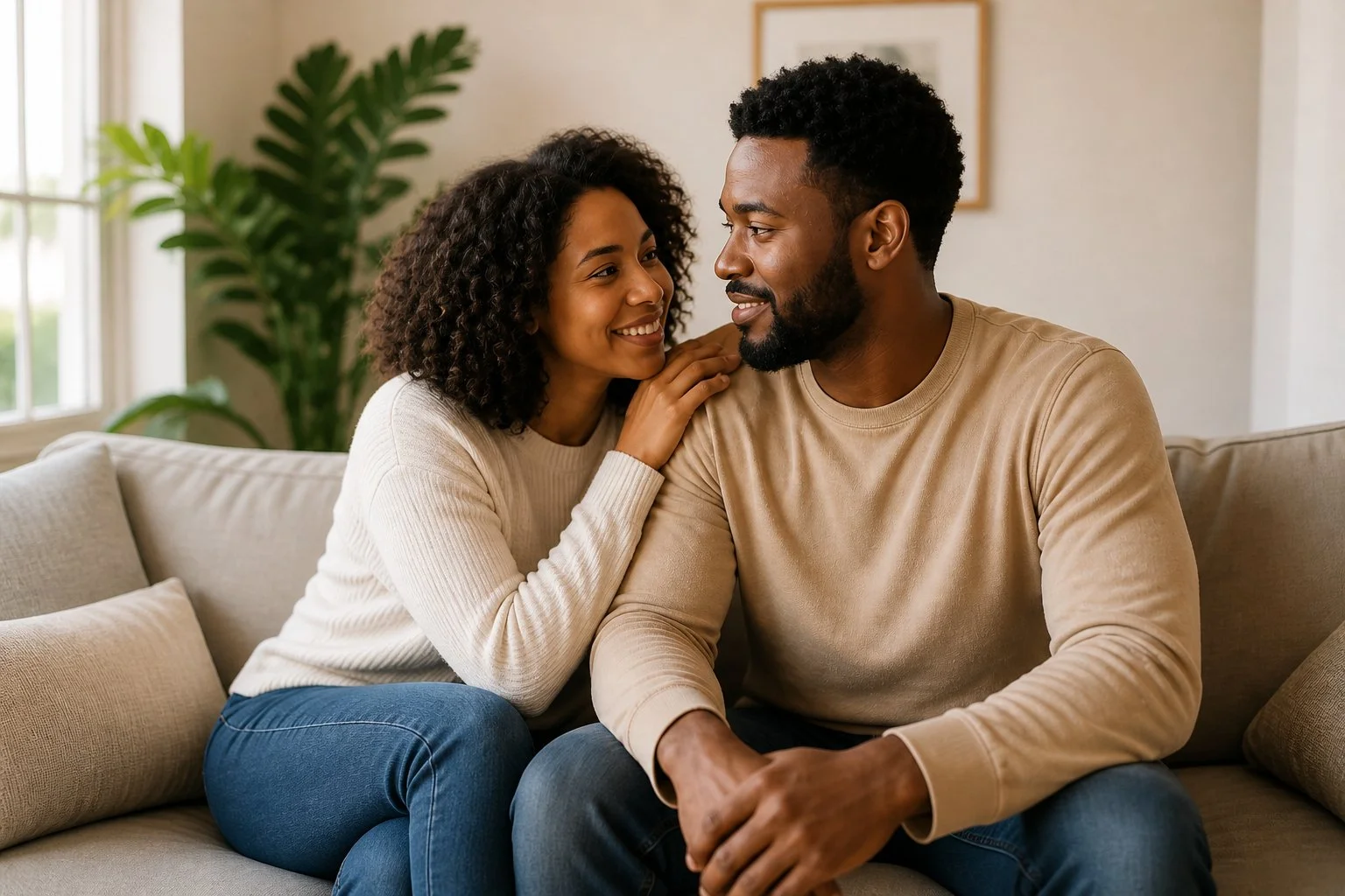 A couple sitting on a beige couch in a living room, smiling and looking at each other, with natural light coming in from a window, and a green plant behind them.