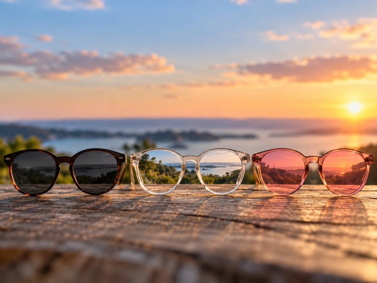 Three pairs of glasses on a wooden ledge overlooking a peaceful sunset, symbolizing perspective, clarity, and shared reflection—often explored in couples therapy and relationship counseling.