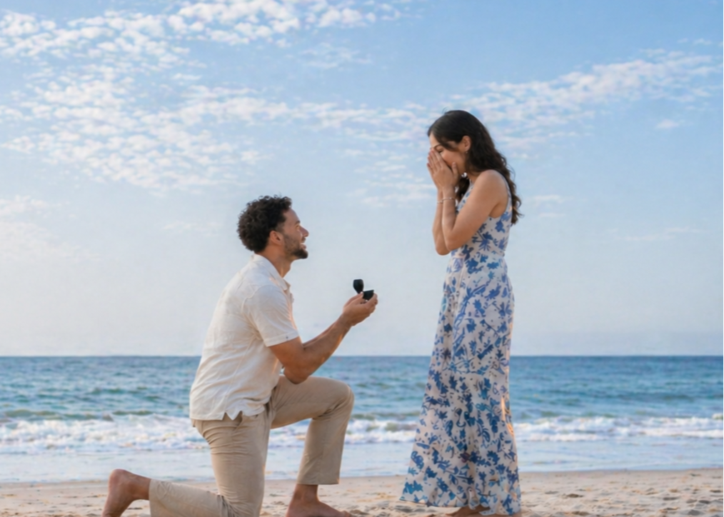 A man proposing marriage to a woman on the beach, with the man kneeling and holding a ring box, while the woman reacts with surprise and happiness.