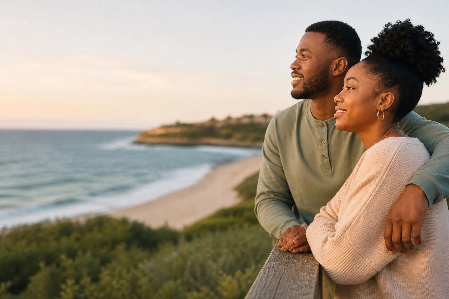 A young couple standing on a wooden railing overlooking the ocean at sunset, with hills and greenery in the background.