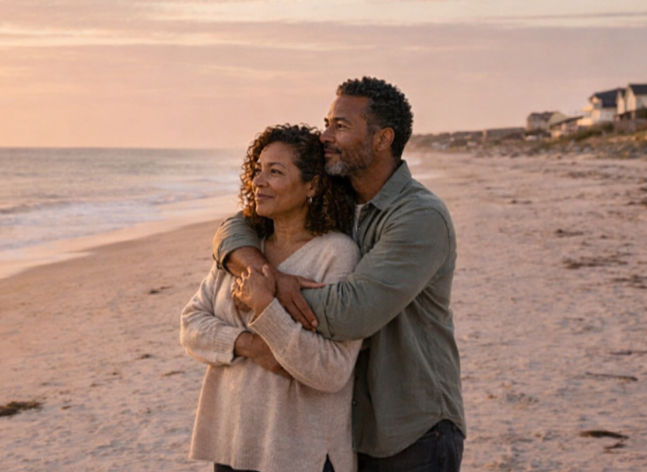 A couple standing closely on a beach during sunset, with the man hugging the woman from behind, both looking content.