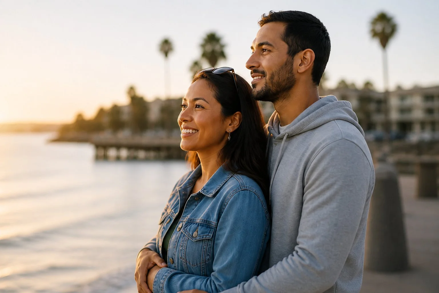 A smiling couple standing outdoors near water during sunset, with palm trees and buildings in the background.