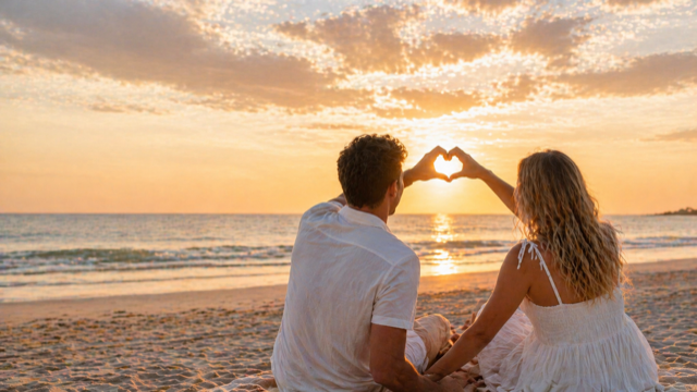 A couple sitting on the beach at sunset, making a heart shape with their hands as the sun sets over the ocean.