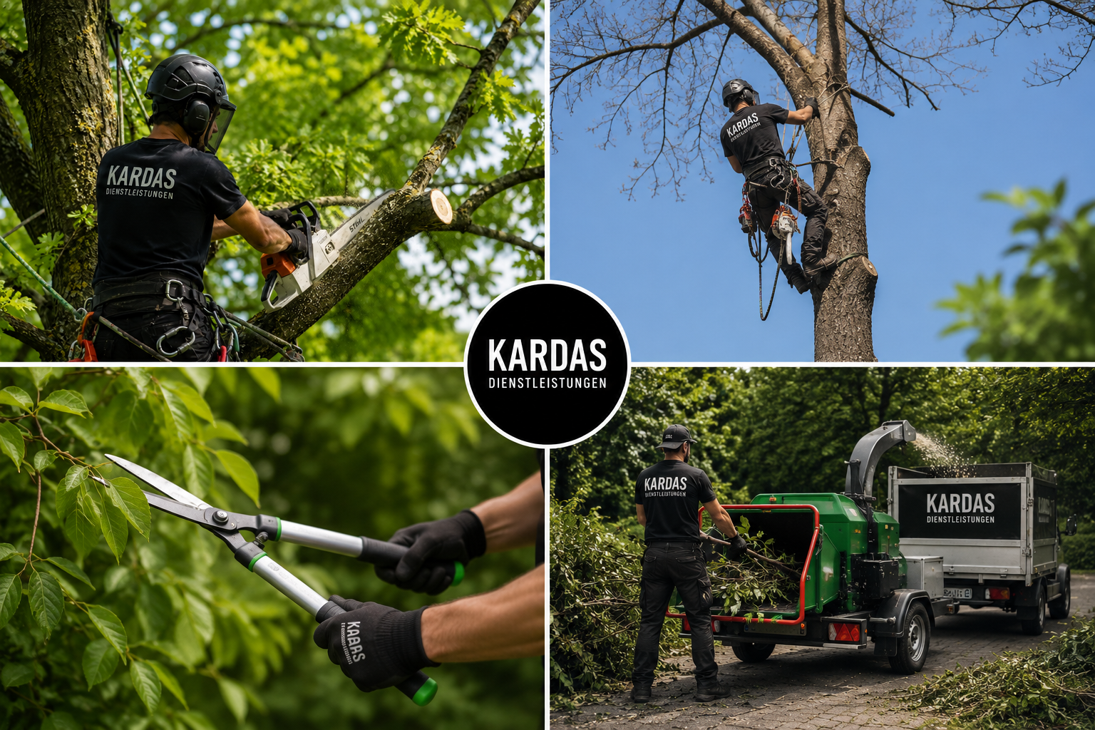 Vier Bilder, die Baumfällarbeiten zeigen. Im ersten Bild schneidet ein Arbeiter einen Ast mit einer Kettensäge. Das zweite Bild zeigt einen Arbeiter, der in einem Baum klettert und Zweige entfernt. Das dritte Bild zeigt deine Hand, die mit einer Astschere Zweige schneidet. Das vierte Bild zeigt einen Arbeiter, der Äste in einen Anhänger eines grünen Baumaschinen lädt.
