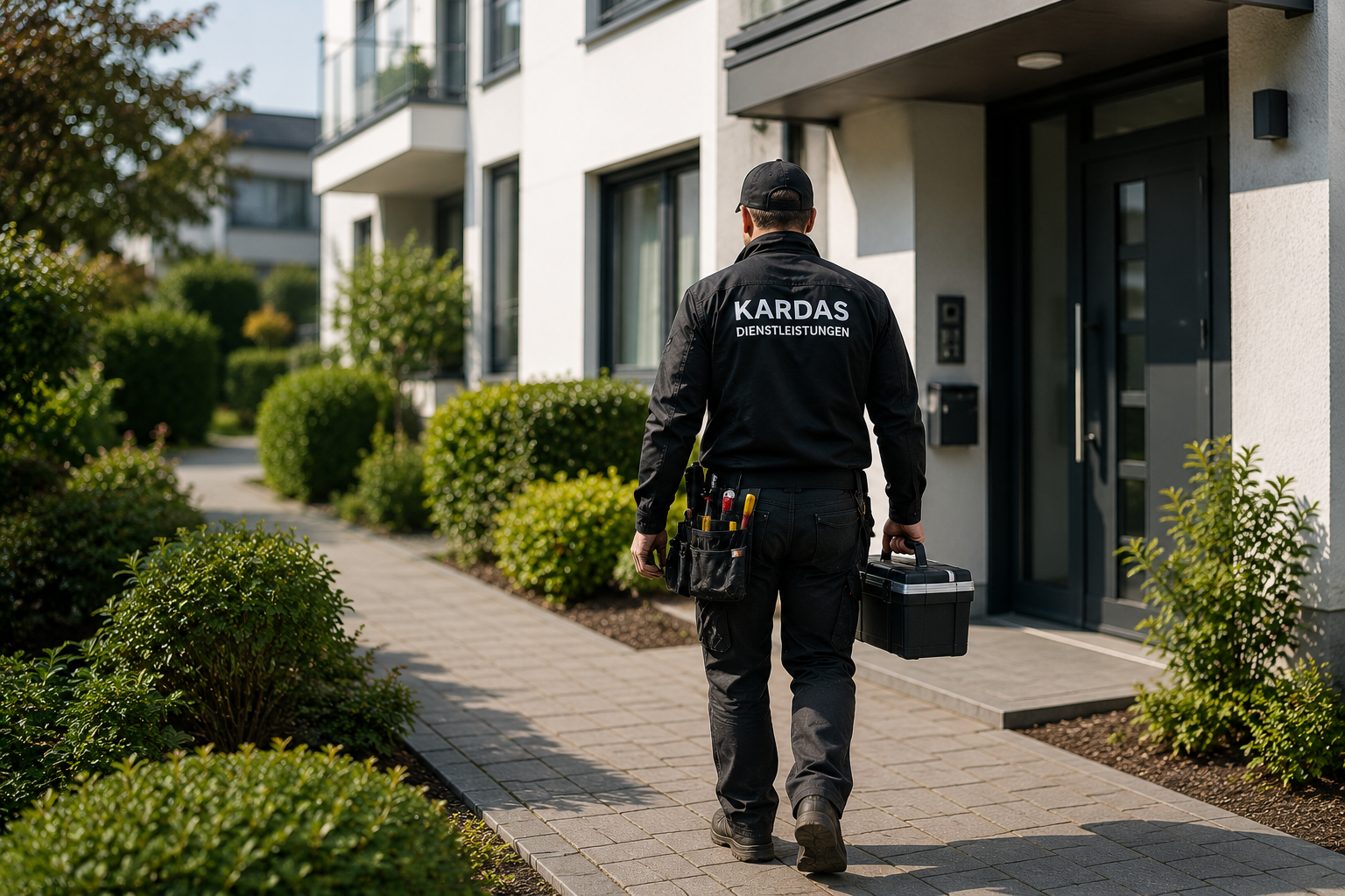 Mitarbeiter der Firma Kardas Dienst­leistung trägt ein Werkzeug­tasche und einen Koffer, geht die Straße entlang vor einem modernen Wohnhaus.
