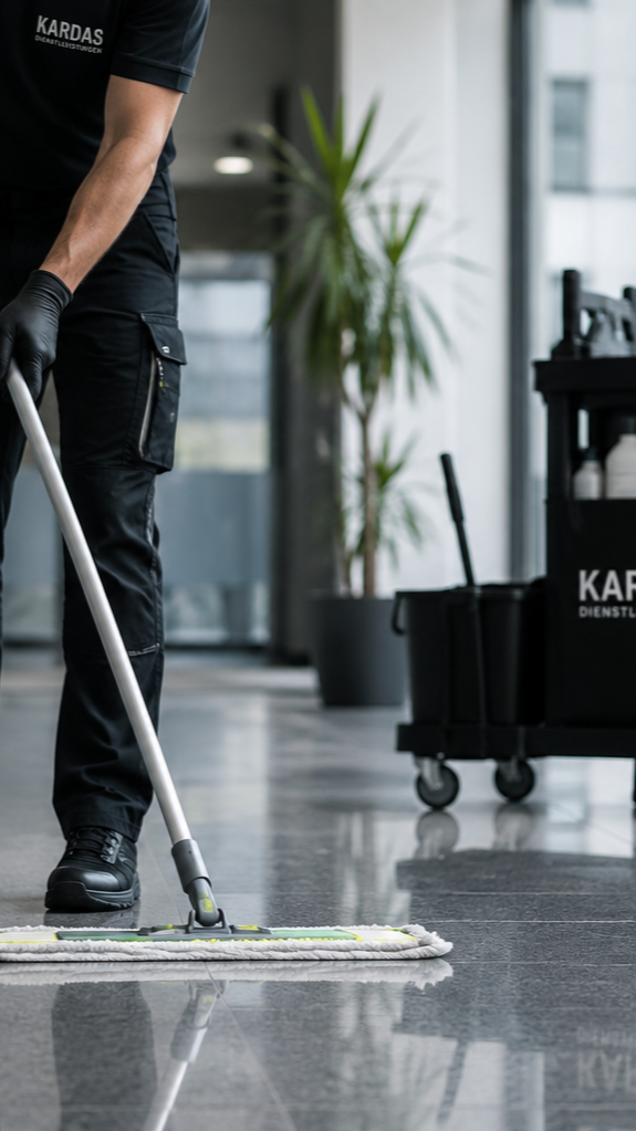 Reinigungskraft, die den Boden mit einem Mopp wischt, in einem modernen Büro.