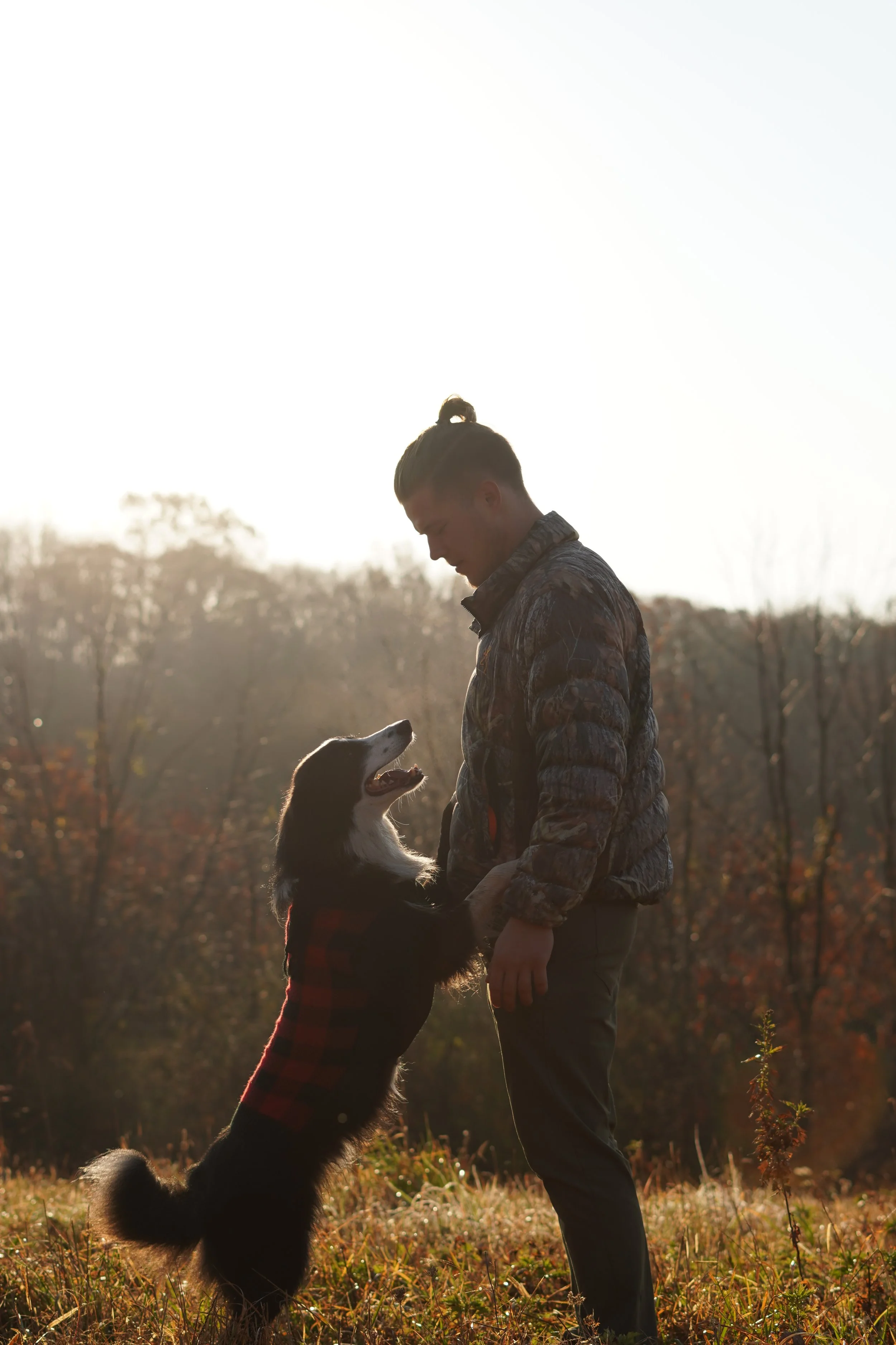 A man and a dog standing in a field during sunset, with the dog standing on its hind legs and the man holding the dog's paws, both looking at each other.