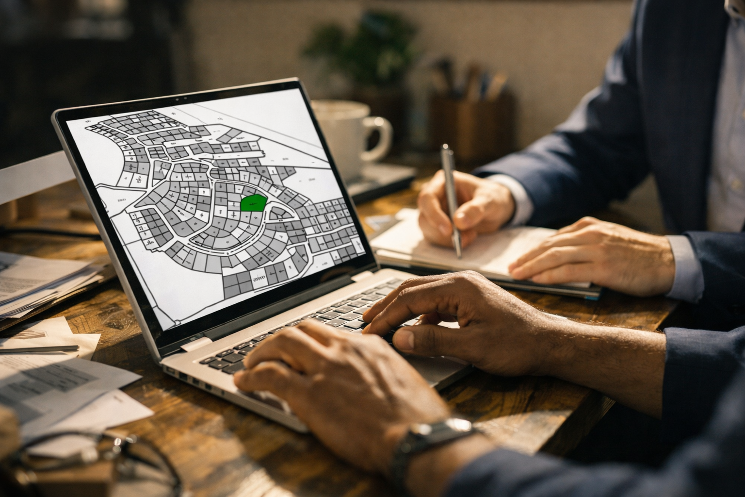 Two people analyzing a neighborhood map on a laptop in a workspace with papers and a coffee mug.