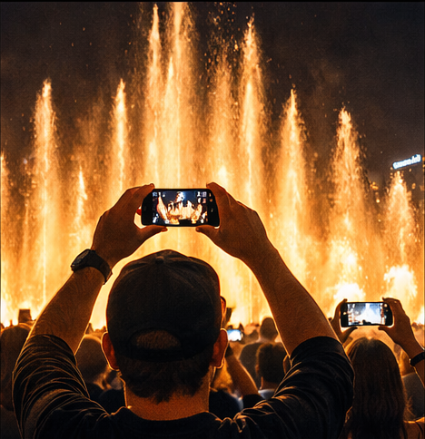 A man taking a photo of a water fountain display at night with his smartphone, with other people taking pictures in front of the fountain.