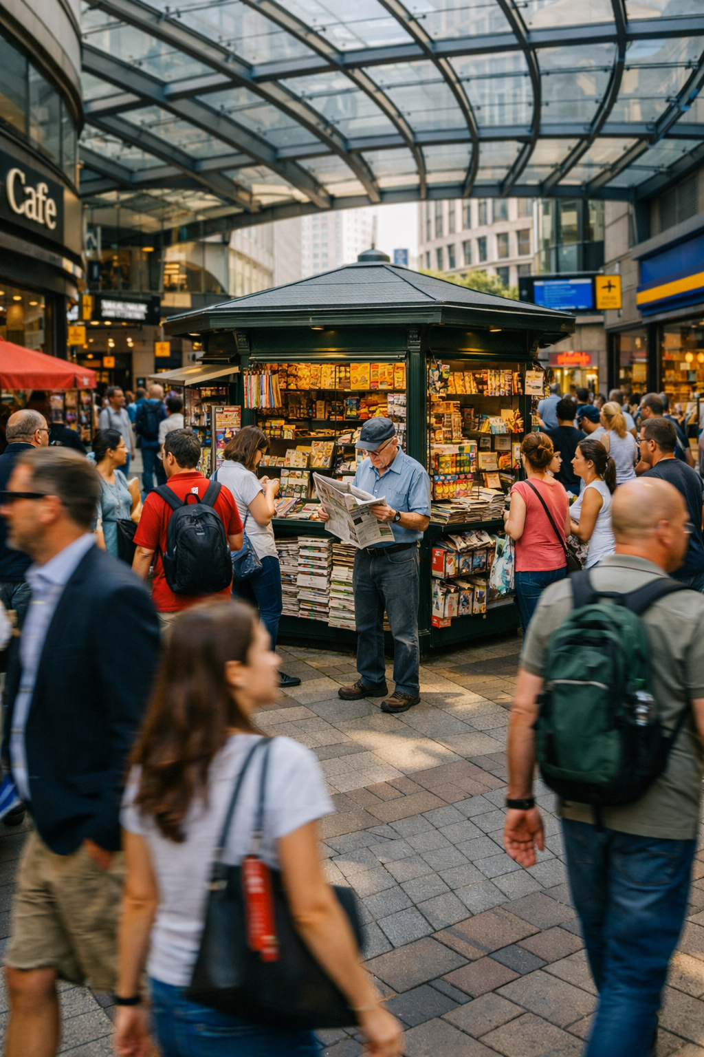 A busy outdoor street market with a bookstall in the center, surrounded by pedestrians. The bookstall is filled with books and magazines, and a man is reading a newspaper. People walk past, some in conversation, others browsing or walking. Modern buildings and storefronts are visible in the background under a glass canopy.