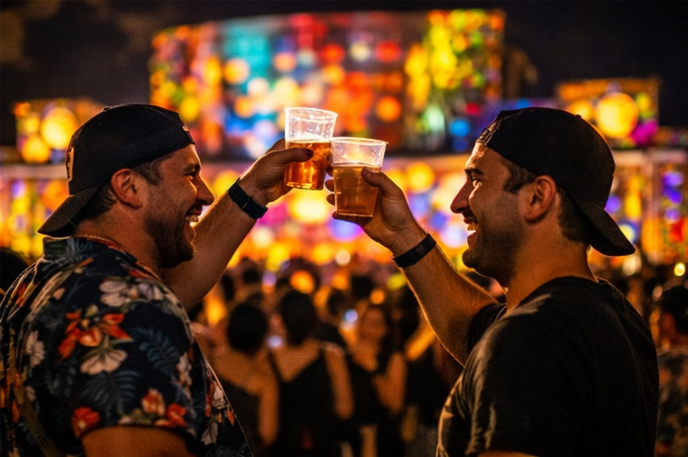 Two men are celebrating with drinks at a lively outdoor event at night, clinking their cups together, with colorful blurred lights in the background.
