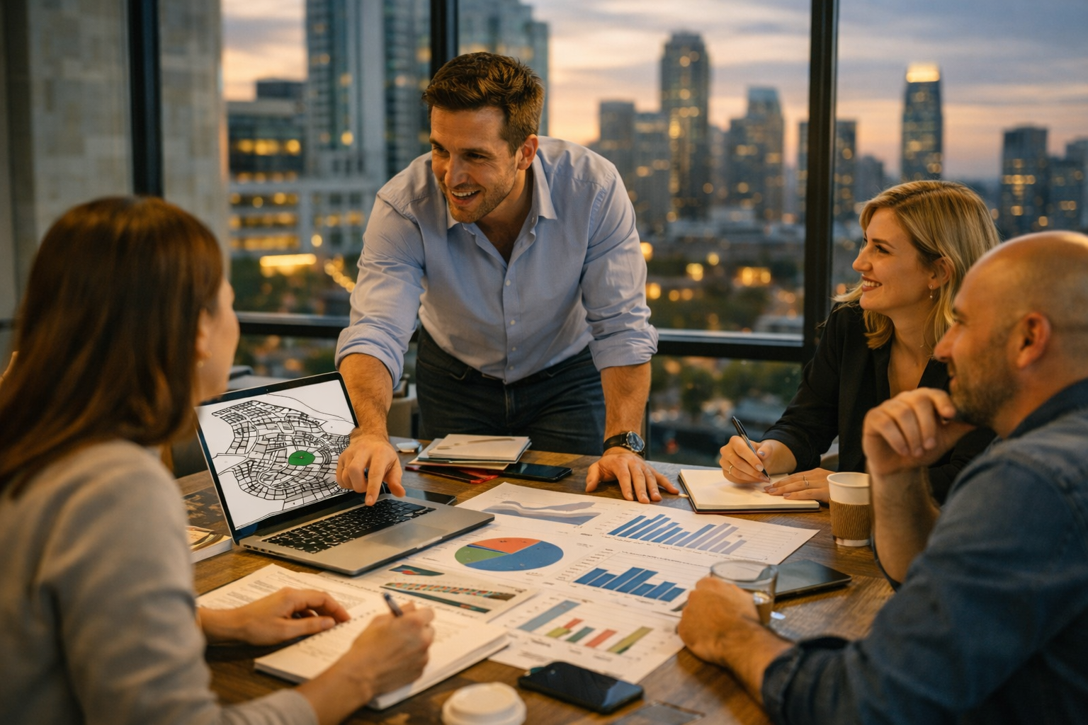 A group of four people in a business meeting in a high-rise office, discussing charts and maps during sunset with a city skyline in the background.