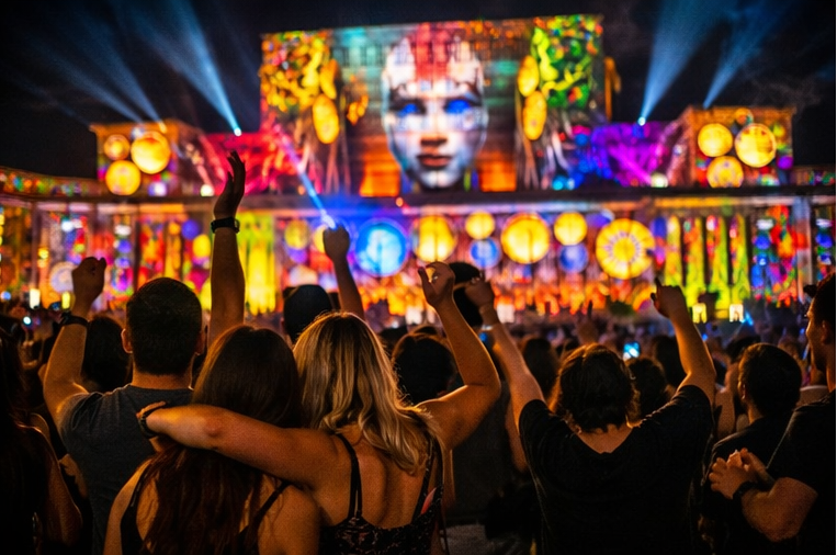 Crowd of people at a vibrant outdoor concert or festival, with colorful lights and a large screen displaying an abstract face with bright colors.