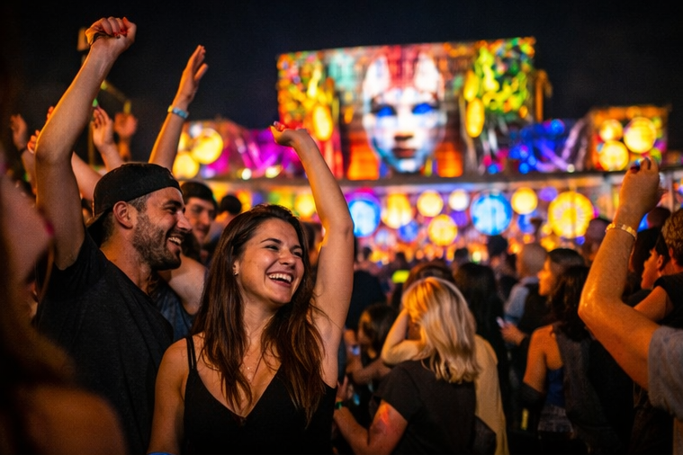 A large crowd dancing and enjoying a vibrant outdoor concert at night, with a colorful LED screen displaying digital art of a woman's face in the background.