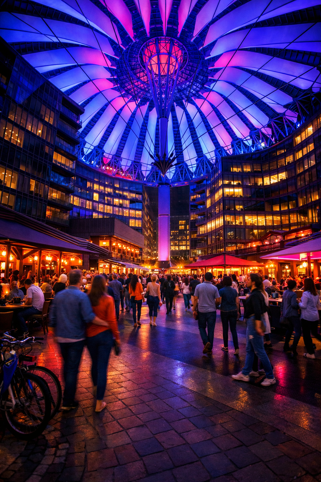 Night scene of a lit-up shopping and dining area with a large illuminated canopy overhead and people walking and sitting at outdoor tables.