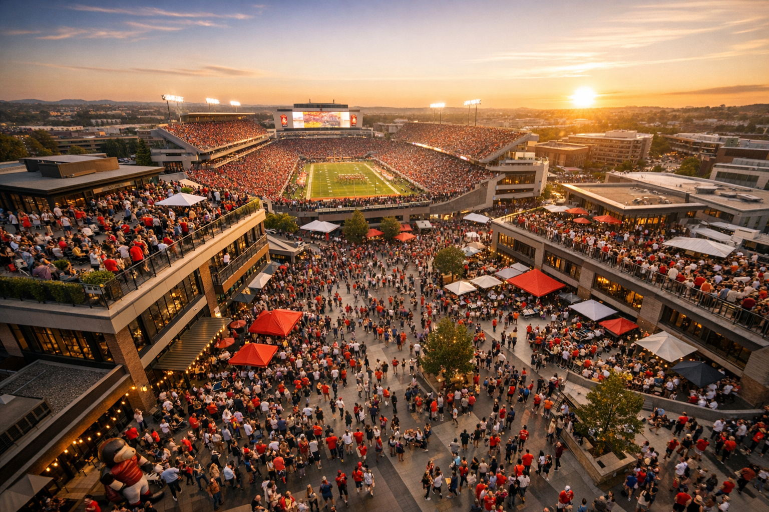 A packed stadium at sunset during a football game, with many spectators in the stands and crowd in the surrounding area outside the stadium.