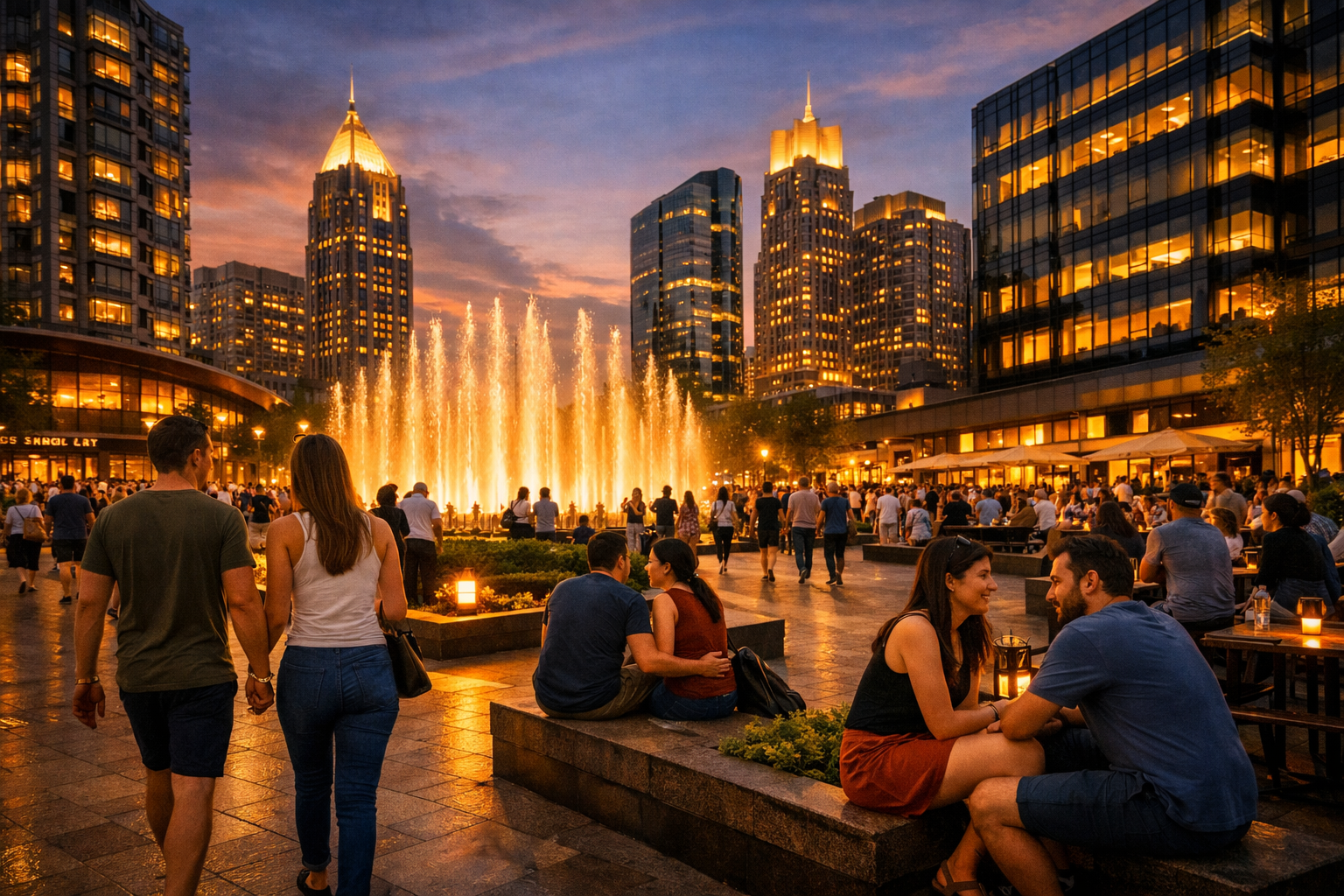 People socializing by a fountain in a city plaza at sunset with illuminated skyscrapers in the background.
