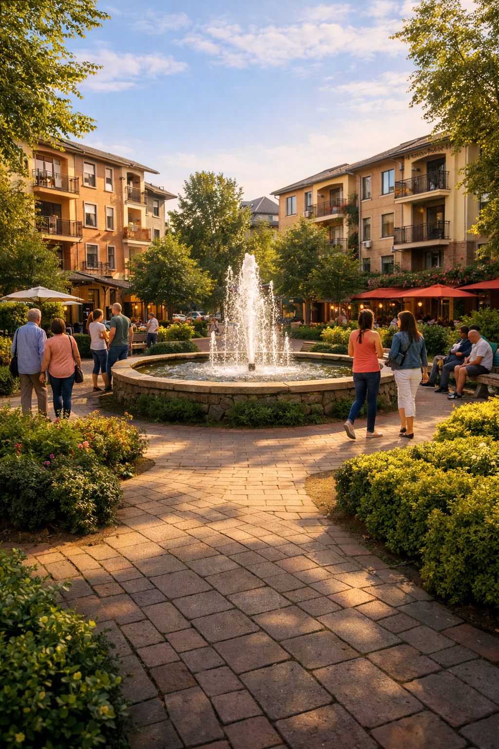 People gather around a fountain in a courtyard, surrounded by greenery and apartment buildings, during sunset.