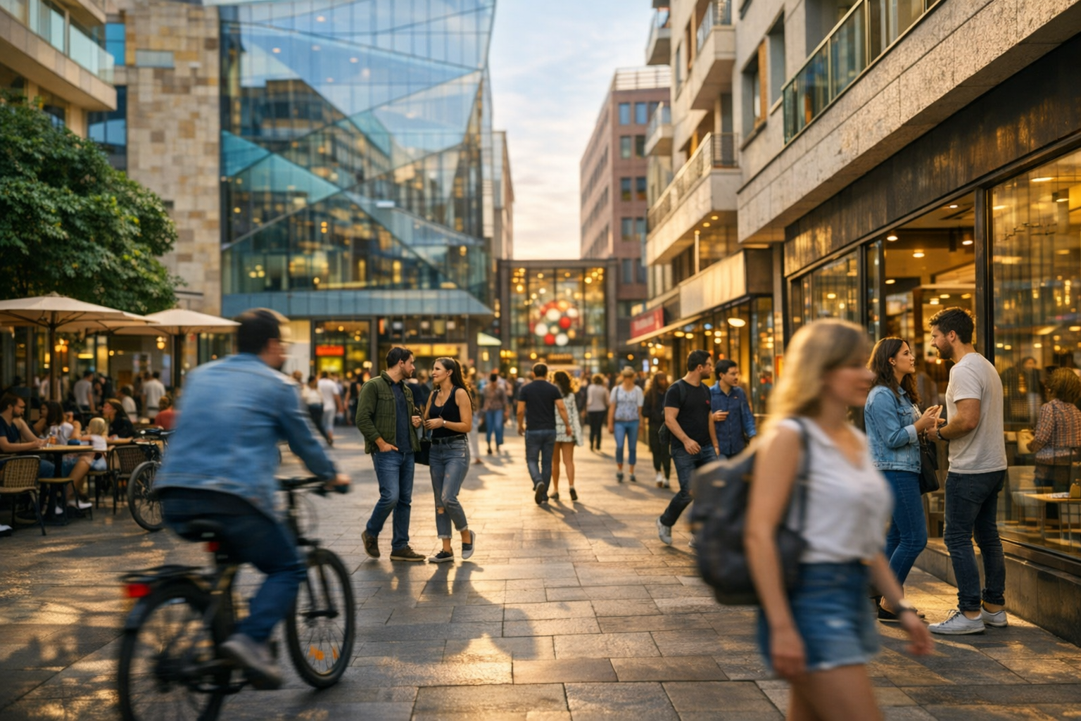 People walking and chatting on a lively city street during sunset with modern buildings and shops.