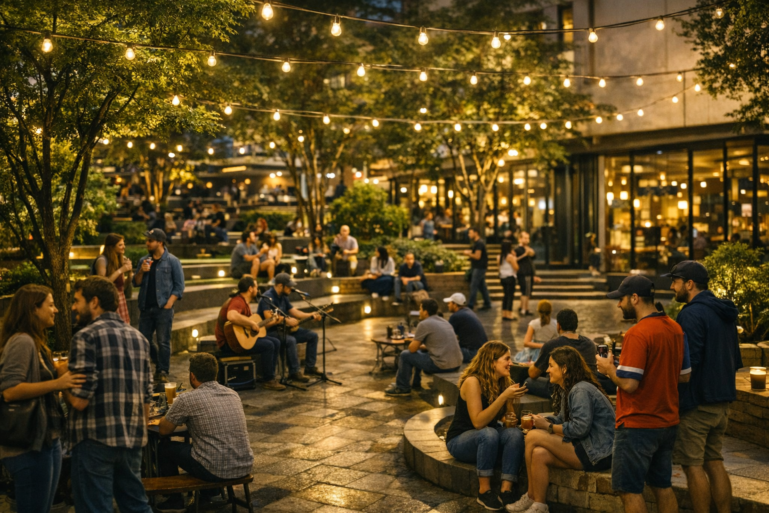 People enjoy outdoor evening gathering with live music, sitting on benches and chatting, under string lights, with a restaurant or cafe in the background.