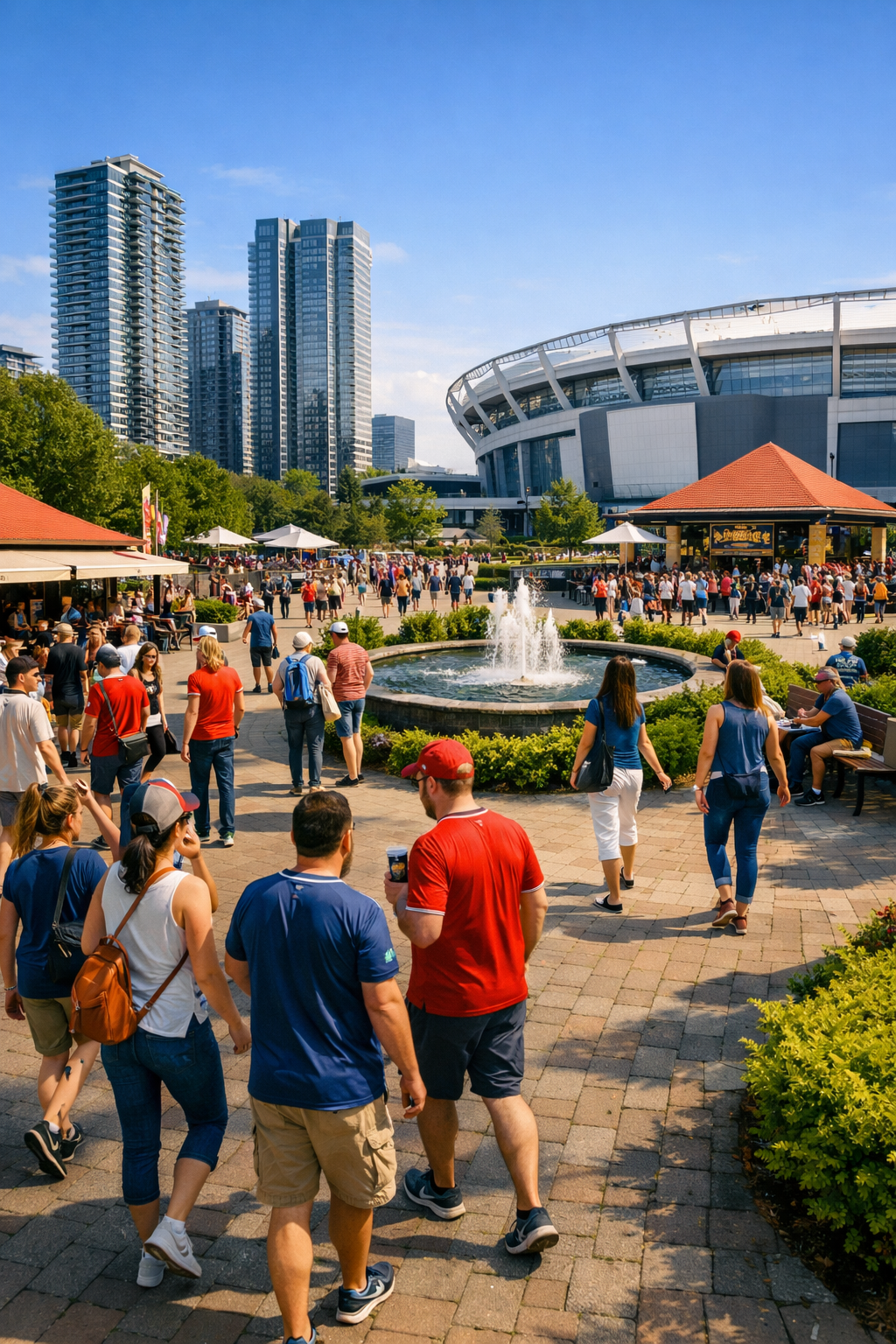 Crowd of people walking outside near a fountain in front of a stadium with skyscrapers in the background on a sunny day.