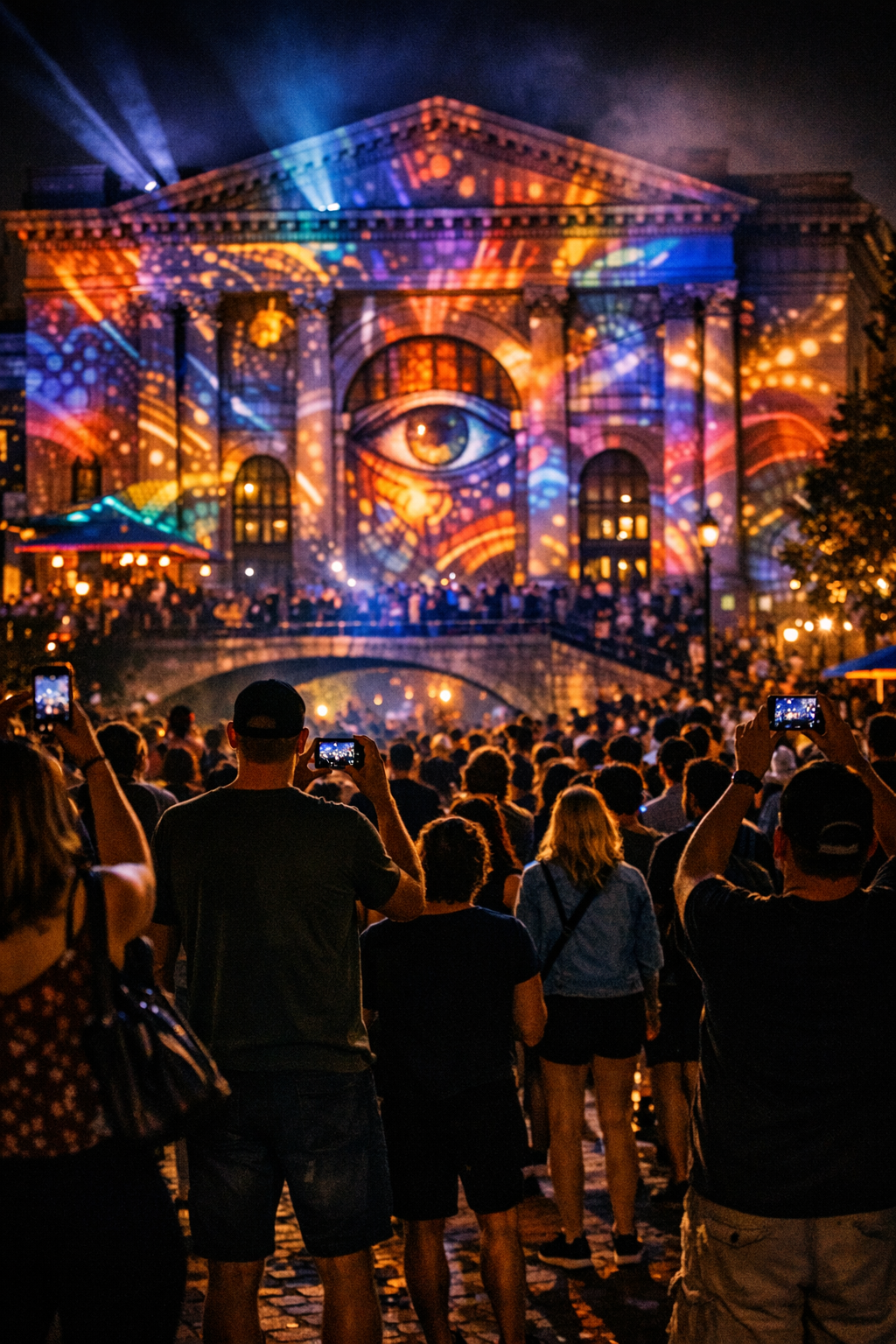A crowd of people watching a light projection on a historic building at night, featuring a large eye and colorful abstract patterns.