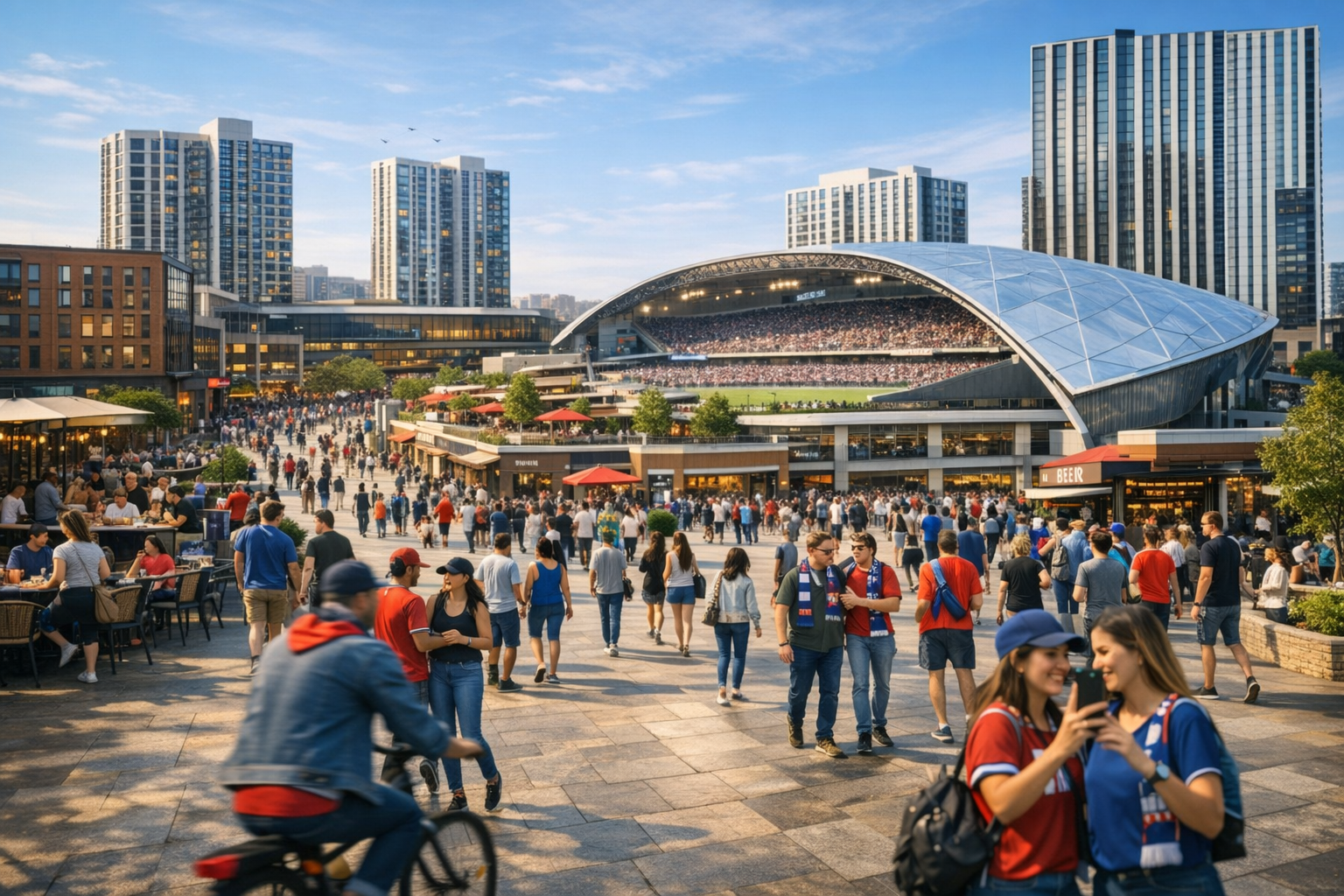 Crowd of people outside a stadium with a modern curved roof, surrounded by city skyscrapers, some sitting at outdoor tables, socializing, walking, and a person riding a bicycle, during daytime.