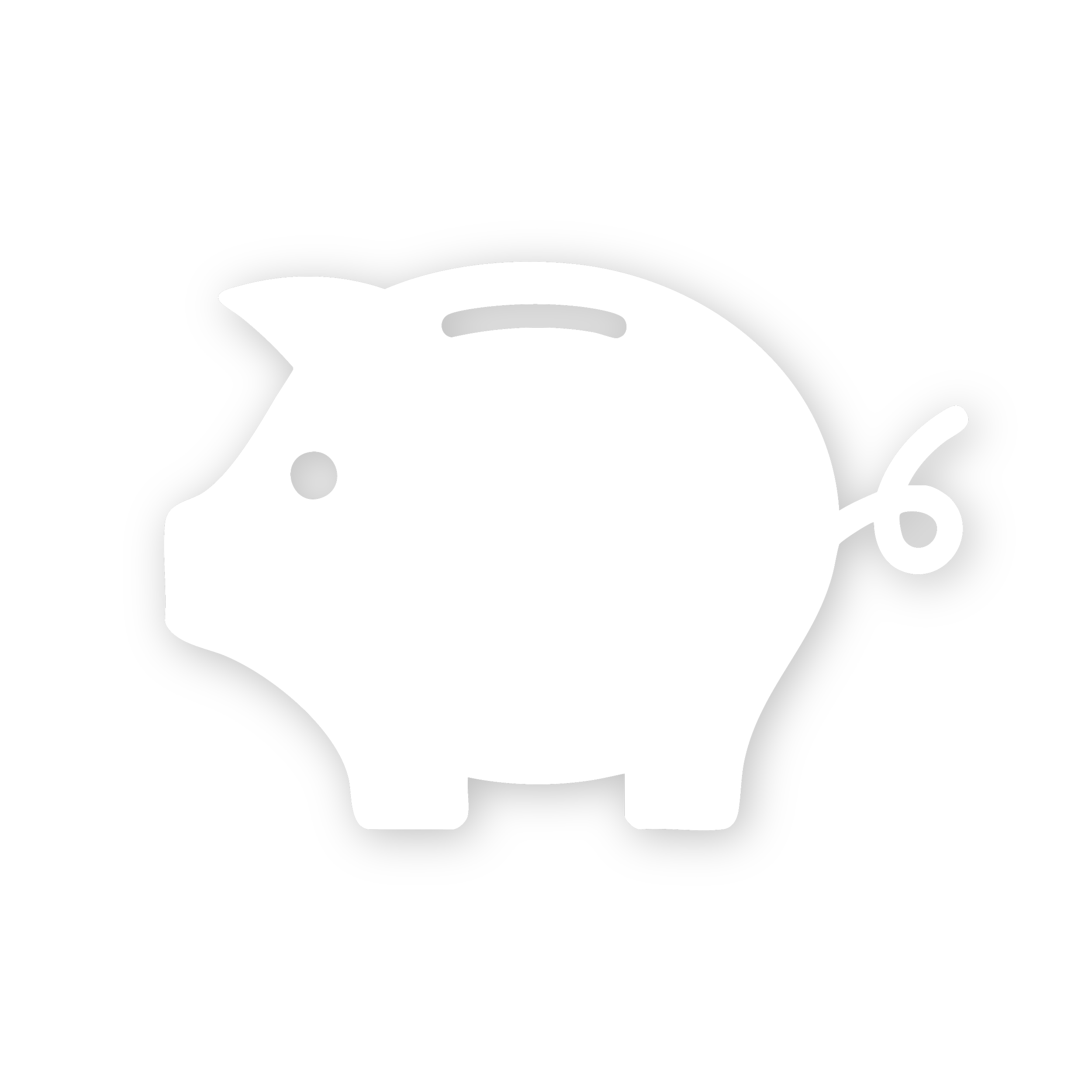 A black and white cartoon illustration of a piggy bank with a coin slot on its back, a small ear, and a curly tail.