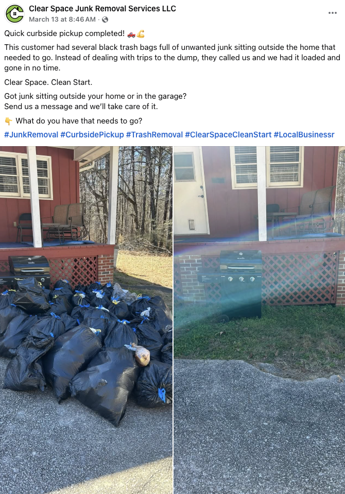 Before and after junk removal in Douglasville GA showing full property cleanout transformation