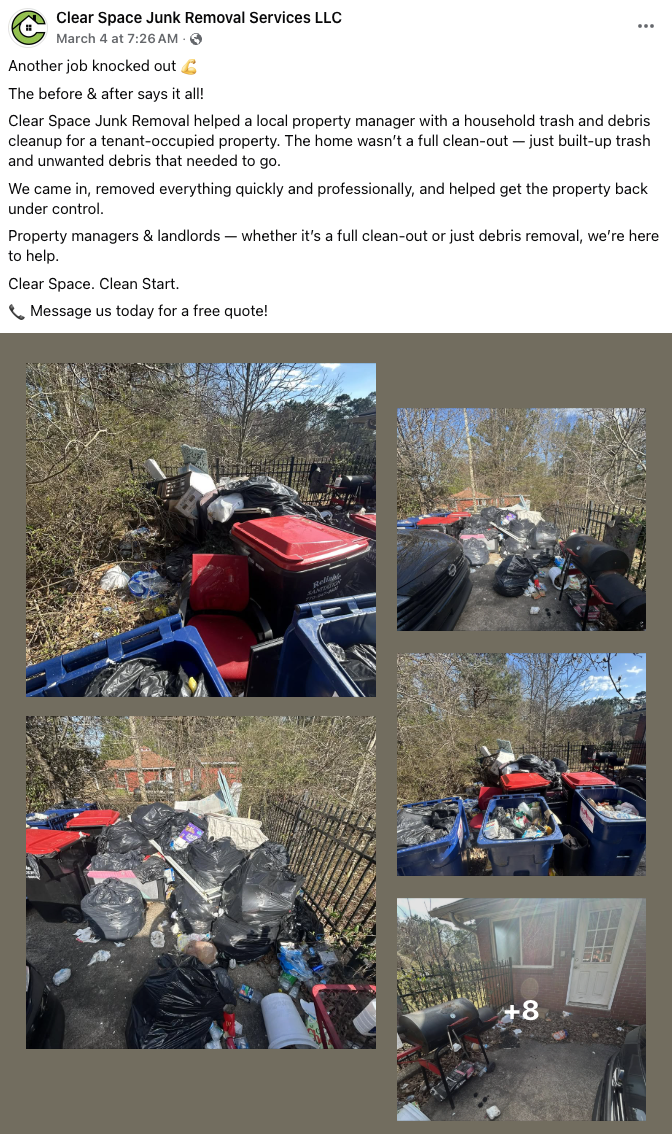 Before and after junk removal in Douglasville GA showing full property cleanout transformation