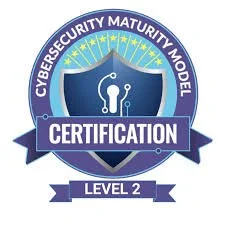 A circle with Cybersecurity maturity model running along the top and a ribbon through the middle with the word certification and below it is another ribbon that says level 2. There is a shield in the middle of the circle that has a light bulb on it.