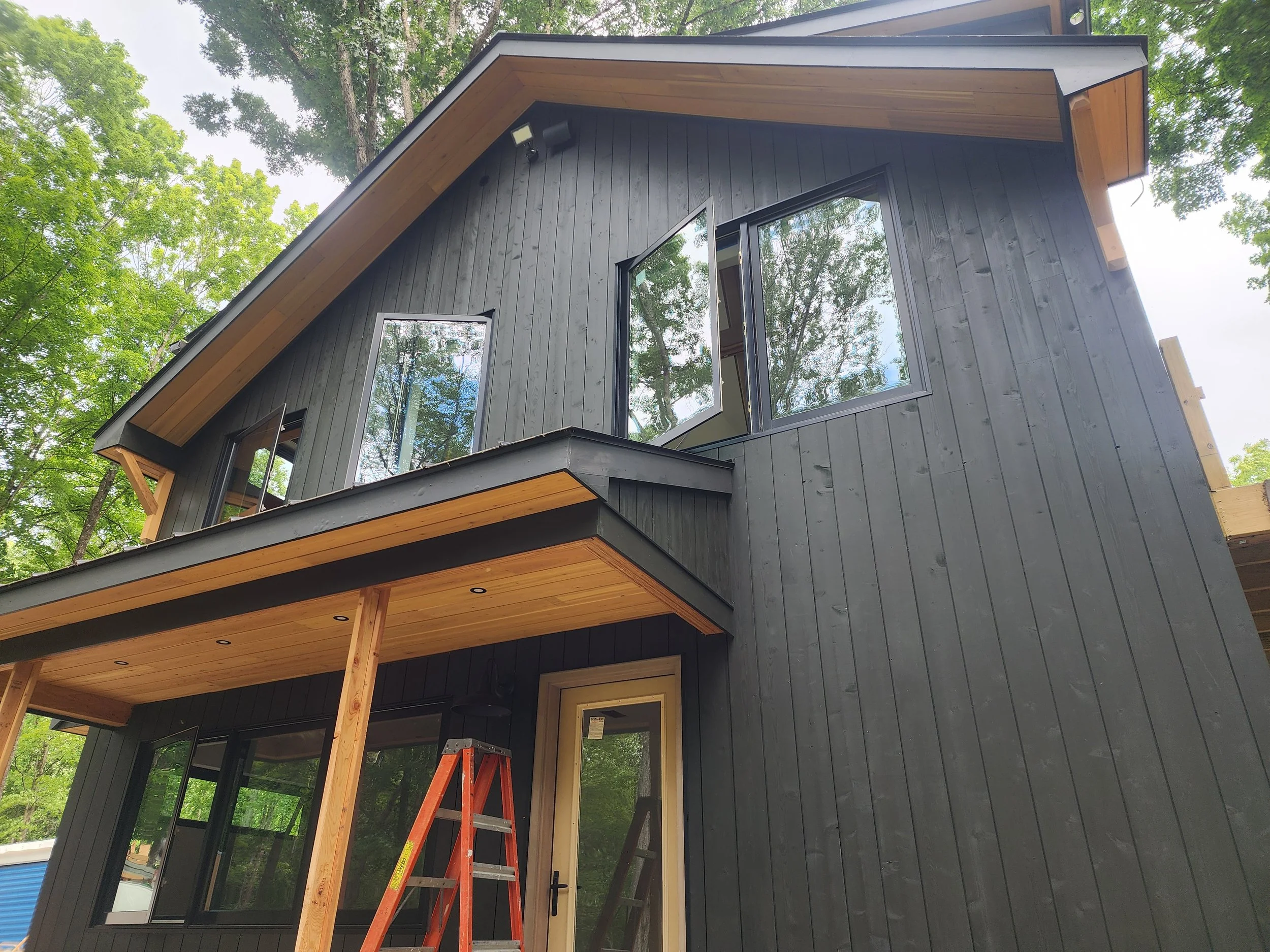 A modern two-story house under construction with black exterior siding, large windows, and a wooden roof overhang. A ladder is leaning against the front door, and the house is surrounded by green trees.