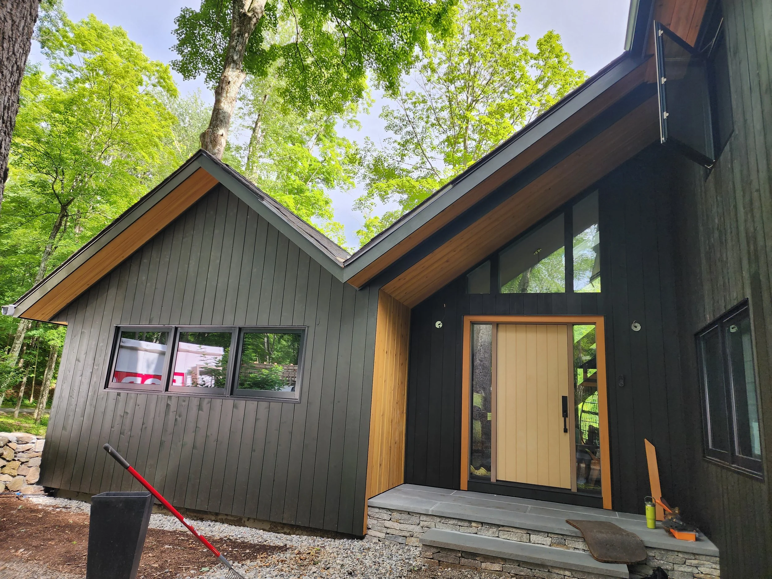 Modern house with black and natural wood vertical siding, large windows, and a sloped roof, located in a lush green wooded area.