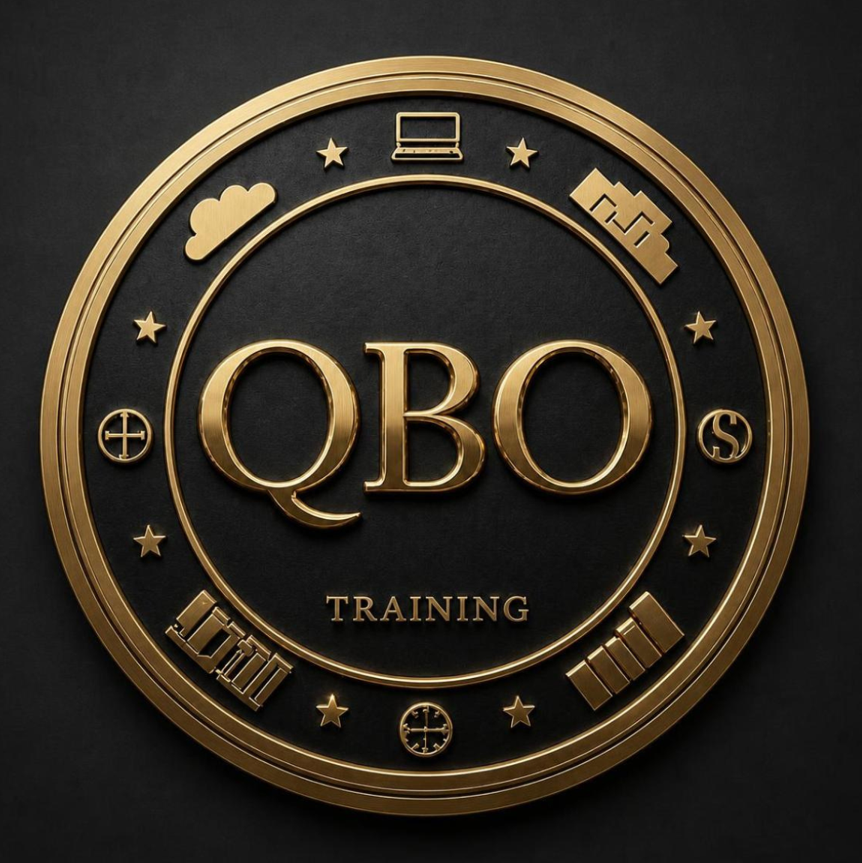 A gold circular emblem or badge with the text 'QBO TRAINING' in the center, decorated with images of a cloud, stars, a computer, a ruler, a cross, a dollar sign, a gear, a bar chart, and a crosshair, all set against a black background.