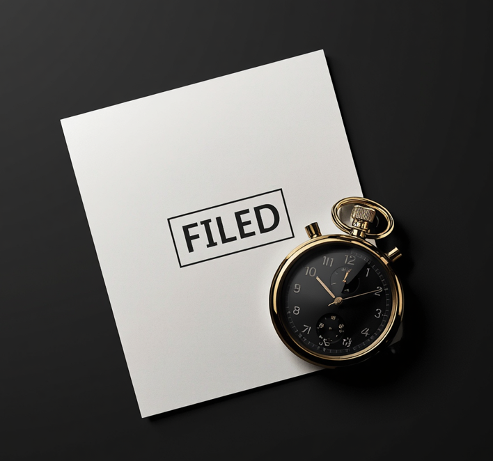 A white legal document labeled "FILED" and a gold pocket watch placed on a dark surface.